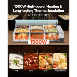 Komercyjny podgrzewacz do żywności, elektryczny podgrzewacz parowy ze stali nierdzewnej o mocy 1500 W z pokrywą szklaną, 6 patelni o rozmiarze 1/2 cala, bufetowa bemarowa bemarowa z zupą i perforowanymi chochlami, do cateringu, restauracji i imprez - miniatura 6