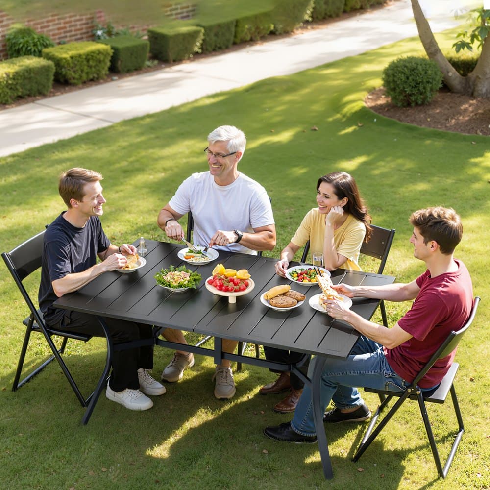 Stół jadalny na patio, prostokątny, metalowy, stalowy, 150 cm, stoliki bistro na podwórko dla 4-6 osób, z otworem na parasol o średnicy 38 mm, duży mebel odporny na warunki atmosferyczne, do ogrodu, na werandę, w kolorze czarnym