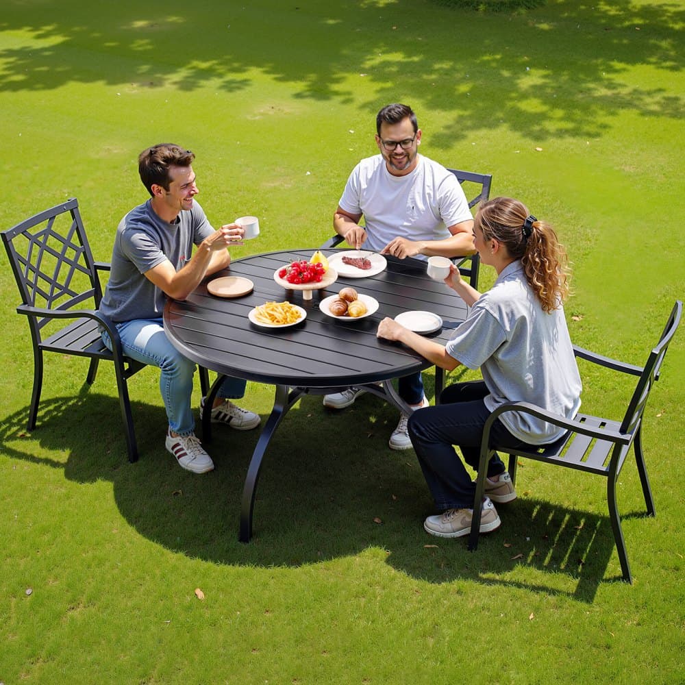 Stół jadalny na patio, okrągły, metalowy, stalowy, 120 cm, stoliki bistro na podwórko, z otworem na parasol 38 mm, duży mebel ogrodowy, odporny na warunki atmosferyczne, na trawnik, werandę, czarny