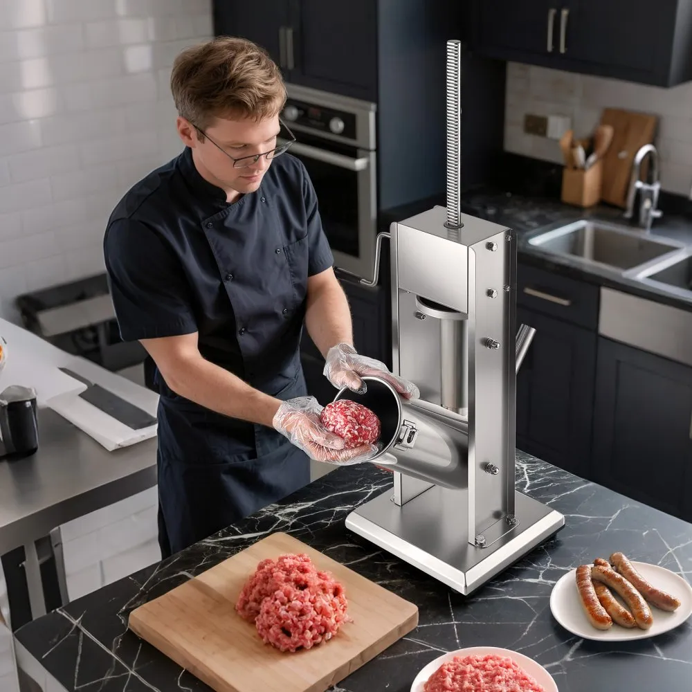 Ręczna nadziewarka do kiełbas, pionowa nadziewarka do mięsa o pojemności 5 l i pojemności 11 funtów, dwubiegowa maszyna do nadziewania osłonek kiełbas, wytrzymała nadziewarka ze stali nierdzewnej z 5 tubami do nadziewania, do użytku komercyjnego i domowego