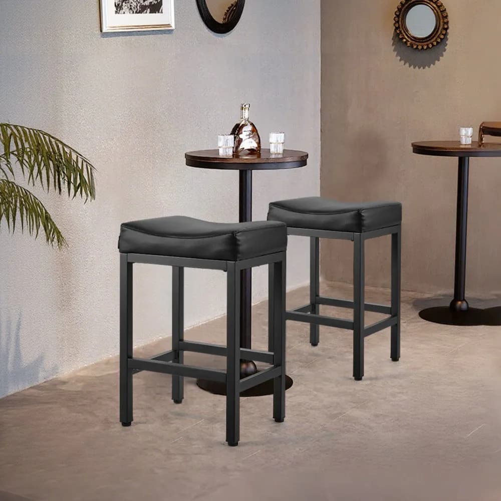 Zestaw 2 krzeseł barowych, wysokie, skórzane, PU, 62 cm, z siedziskiem siodłowym i metalowymi nogami, łatwe w montażu krzesło barowe bez oparcia, hokery barowe do kuchni, jadalni, kawiarni, czarne