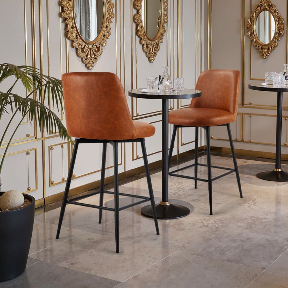Zestaw 2 hokerów barowych, obrotowych, wysokość blatu 69 cm, nowoczesny hoker barowy ze skóry PU z oparciem i metalowymi nogami, krzesło barowe bez podłokietników, hoker barowy do kuchni i jadalni, brązowy