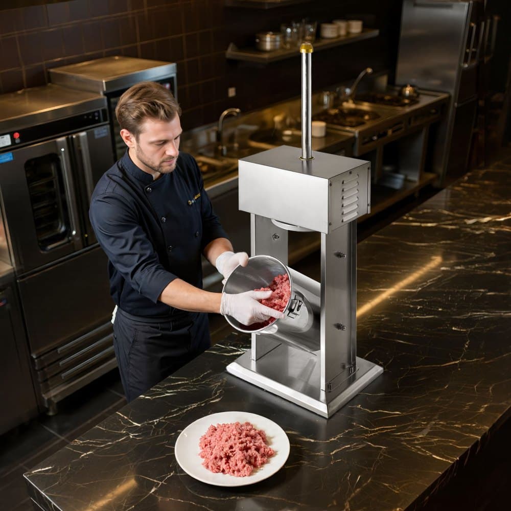 Elektryczna nadziewarka do kiełbas, pionowa nadziewarka do mięsa o pojemności 25 funtów / 12 litrów, bezstopniowa regulacja prędkości i pedał nożny, wytrzymała nadziewarka do kiełbas ze stali nierdzewnej z 4 tubami do nadziewania, do użytku komercyjnego i domowego