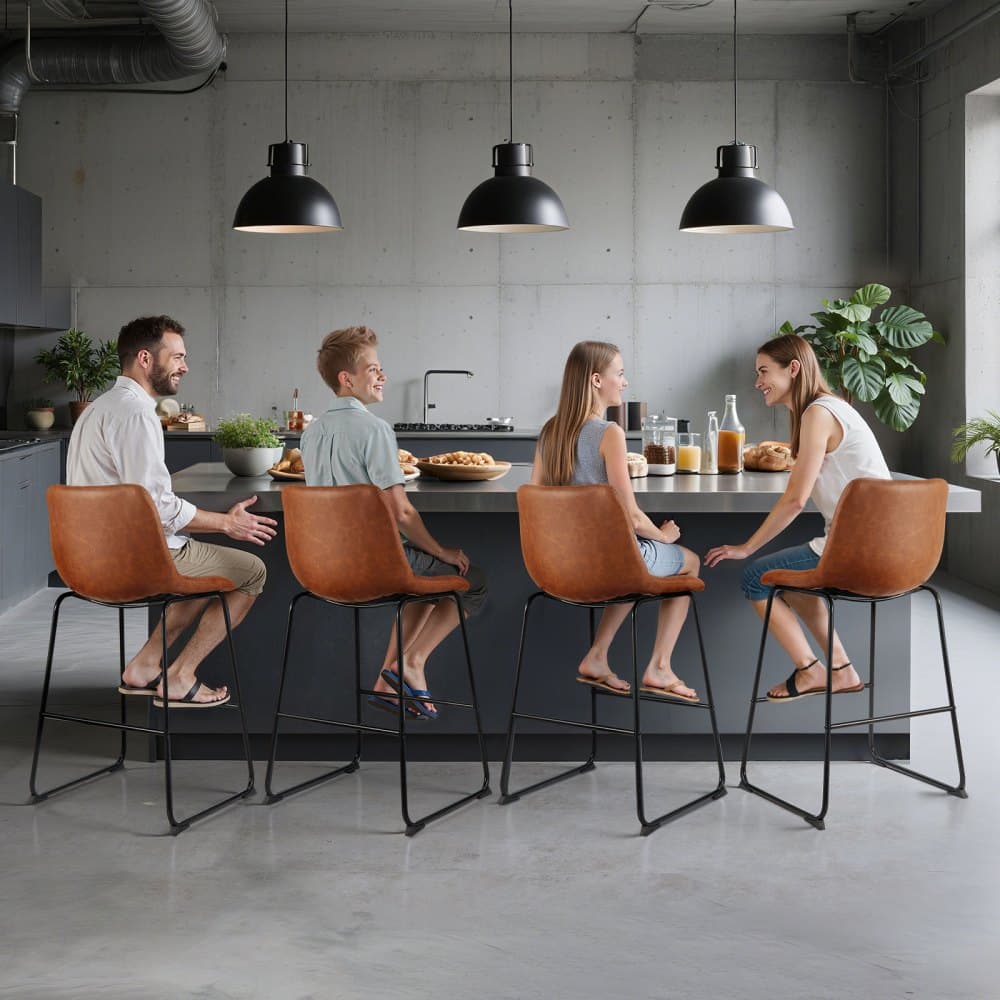 Zestaw 4 krzeseł barowych, wysokość 65 cm, nowoczesny skórzany stołek barowy z oparciem, nogi metalowe, łatwy w montażu fotel barowy bez podłokietników, stołek barowy do kuchni i jadalni, brązowy