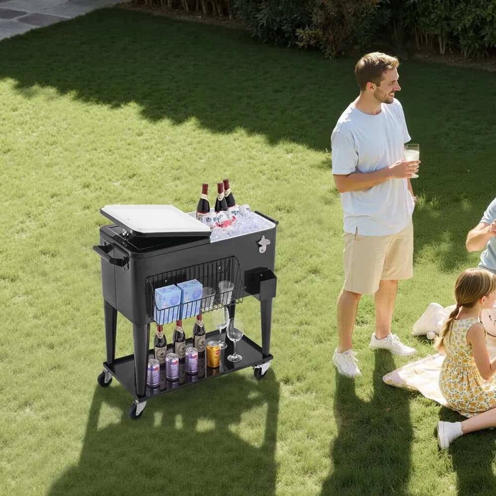 Lodówka turystyczna na kółkach o pojemności 75,71 l, mieści do 50 butelek / 110 puszek, przenośny barek na patio z dolną półką, basen na napoje z bocznym koszykiem i otwieraczem do butelek, czarny