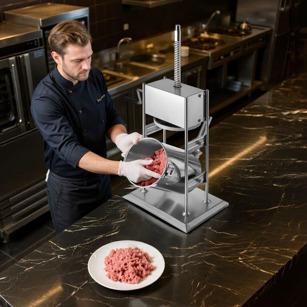 Ręczna nadziewarka do kiełbas, pionowa nadziewarka do mięsa o pojemności 22 funtów / 10 litrów, dwubiegowa maszyna do nadziewania osłonek kiełbas, wytrzymała nadziewarka ze stali nierdzewnej z 5 tubami do nadziewania, do użytku komercyjnego i domowego