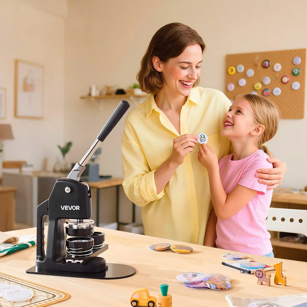 Maszyna do produkcji guzików, 32/58/75 mm, 3 w 1, plastikowa maszyna do produkcji pinezek z 300 częściami guzików, wycinak kółek i magiczna książeczka, wzmocniony ergonomiczny uchwyt, do odznak DIY, personalizowanych pinezek, czarna