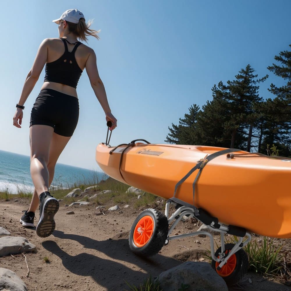 Wózek na kajak, ładowność 113,4 kg, składany wózek na kajak z oponami z pełnej gumy o szerokości 25,4 cm i 1 paskiem zapadkowym, wózek na deski do pływania wiosłem do przewożenia kajaków, kanadyjek, desek do pływania wiosłem, mat wypornościowych, łodzi Jon Boats