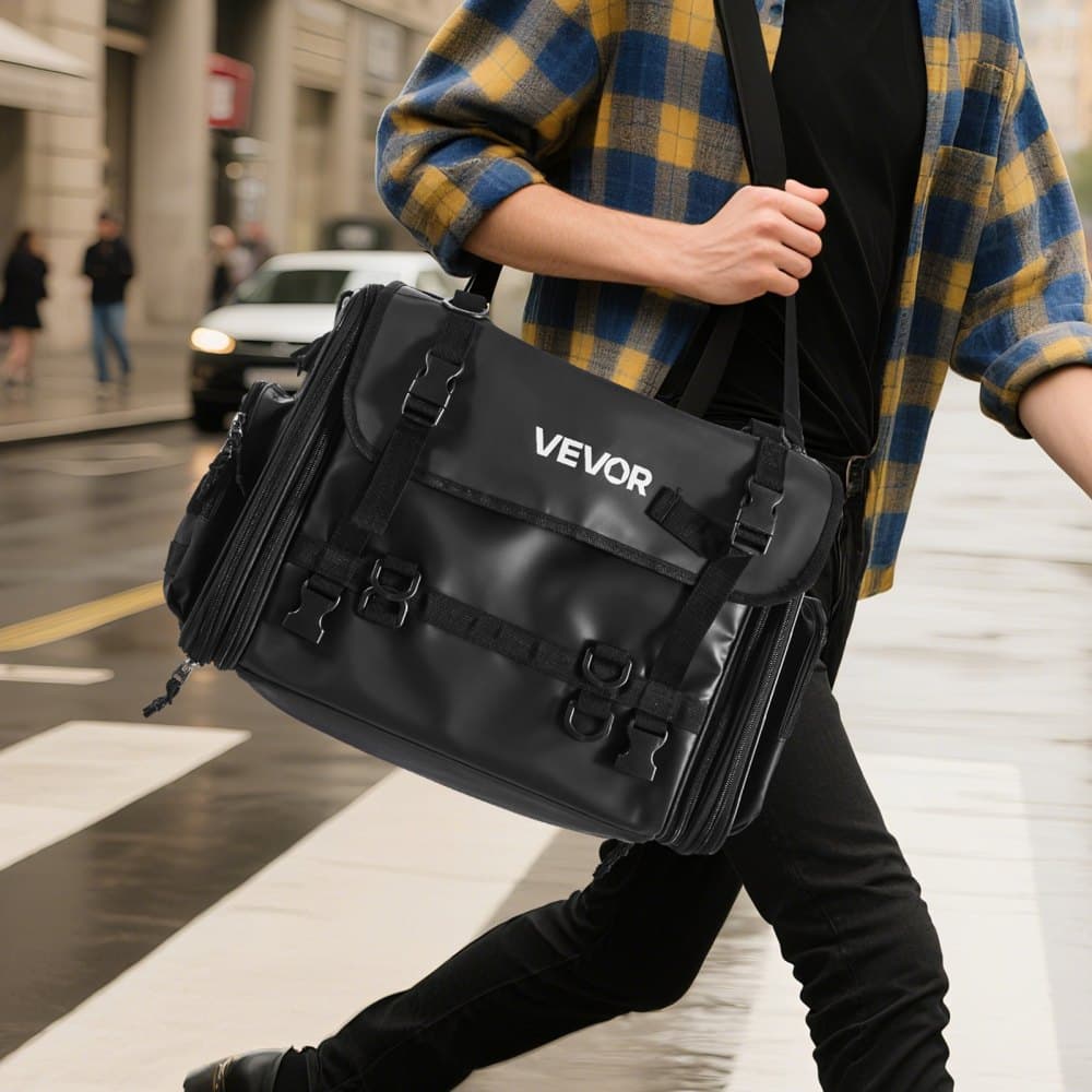 Torba na tylną kanapę motocykla, 40-60 l, rozszerzalna, z wodoodporną osłoną przeciwdeszczową, składana torba na bagaż do uprawiania sportów na świeżym powietrzu, z paskami na ramię, kieszenią i elastyczną linką, czarna