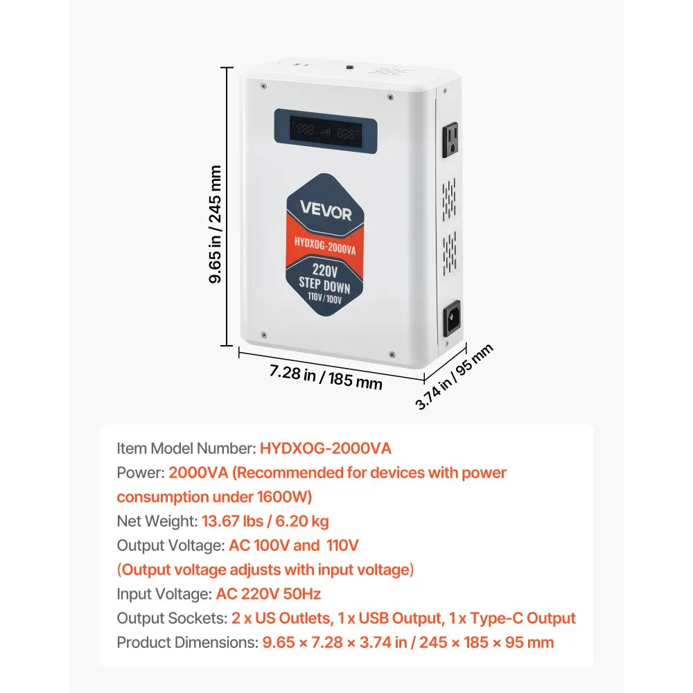 Przetwornica napięcia obniżająca napięcie, 2000 VA, wytrzymała przetwornica napięcia, transformator mocy 220 V na 110 V, z 2 gniazdami amerykańskimi, wyjściem USB, wyświetlaczem LCD, zabezpieczeniem temperaturowym, do urządzeń 110 V
