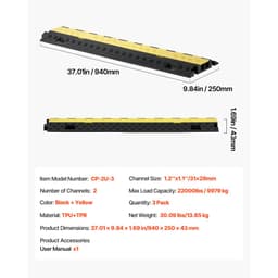 Rampa ochronna na kable, udźwig 9979 kg/oś, 2-kanałowa, wytrzymała osłona przewodu z TPU, kanał 31 x 28 mm, próg zwalniający z otwieraną klapką górną pokrywą, do użytku wewnątrz i na zewnątrz, opakowanie 3 szt. - miniatura 11