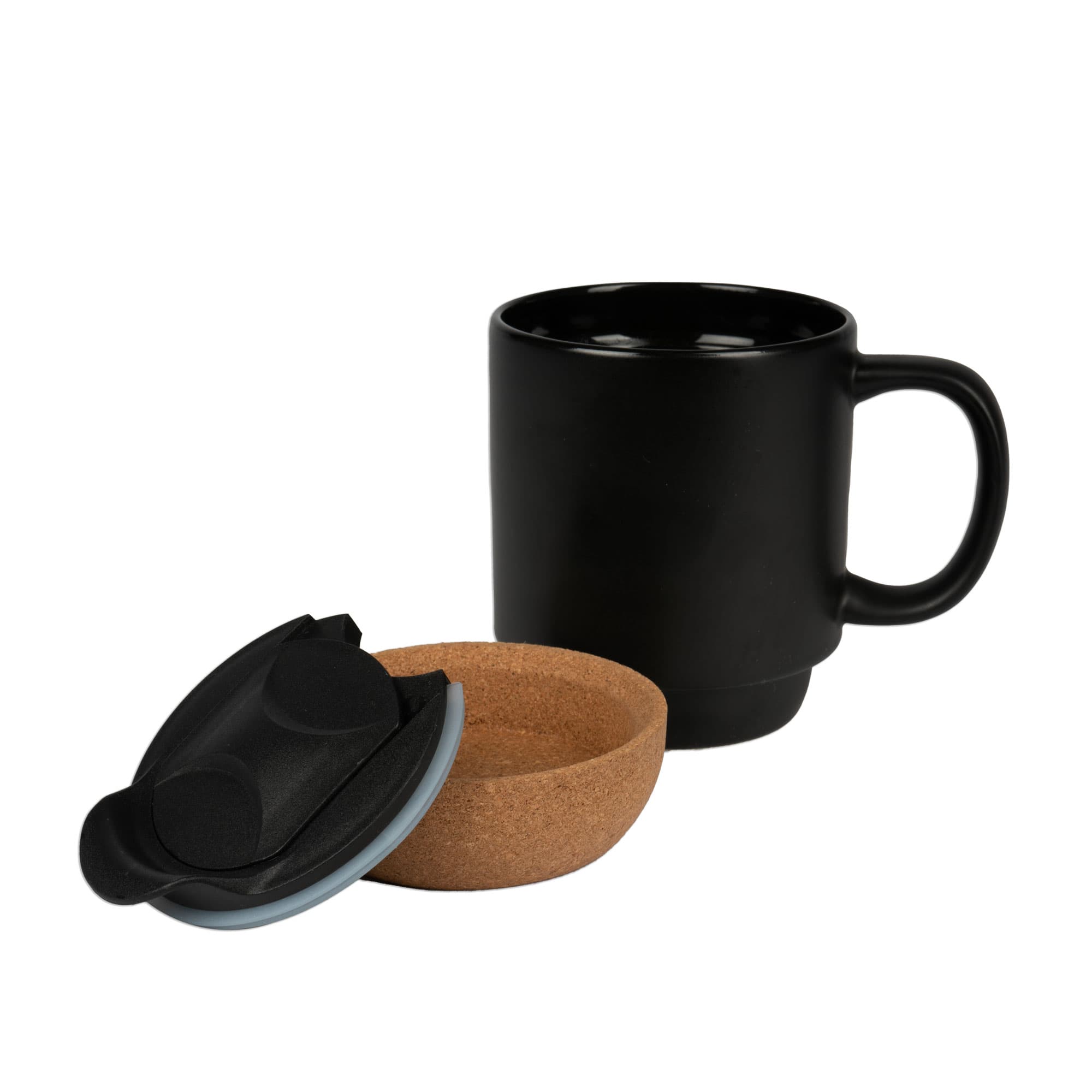 Ceramiczny kubek laserowy BEN z wyjmowanym korkowym dnem i plastikową pokrywką, czarny mat, 36 szt./karton