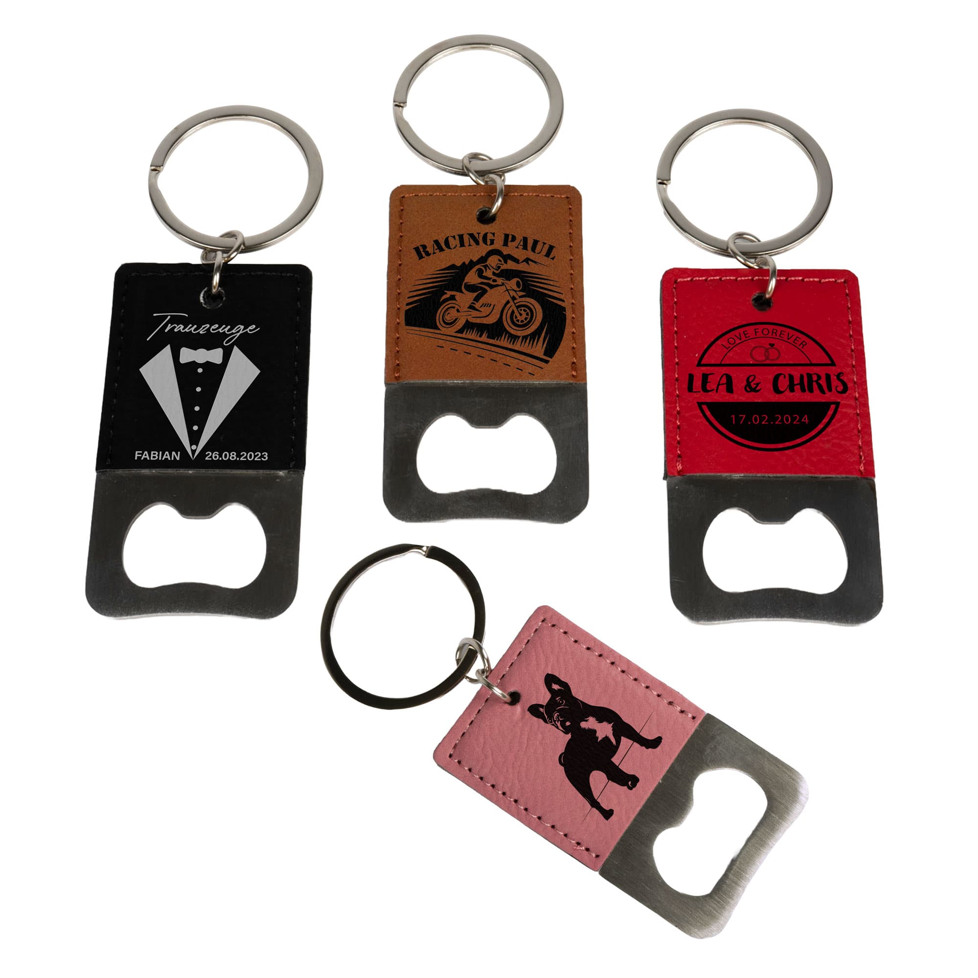 Brelok do kluczy z laserowym otwieraczem do butelek ze stali nierdzewnej, z powłoką ze sztucznej skóry, różne kolory