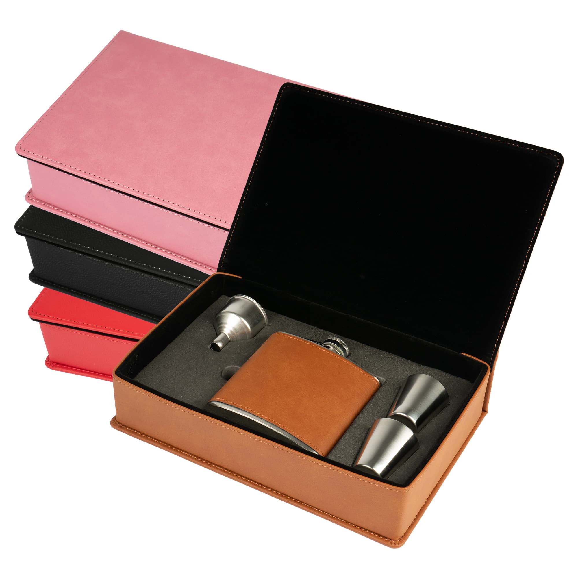 Zestaw upominkowy Laser Hip Flask z piersiówką ze stali nierdzewnej o pojemności 6 uncji/177 ml, 2 kieliszkami i lejkami, 155 x 235 x 55 mm, różne kolory