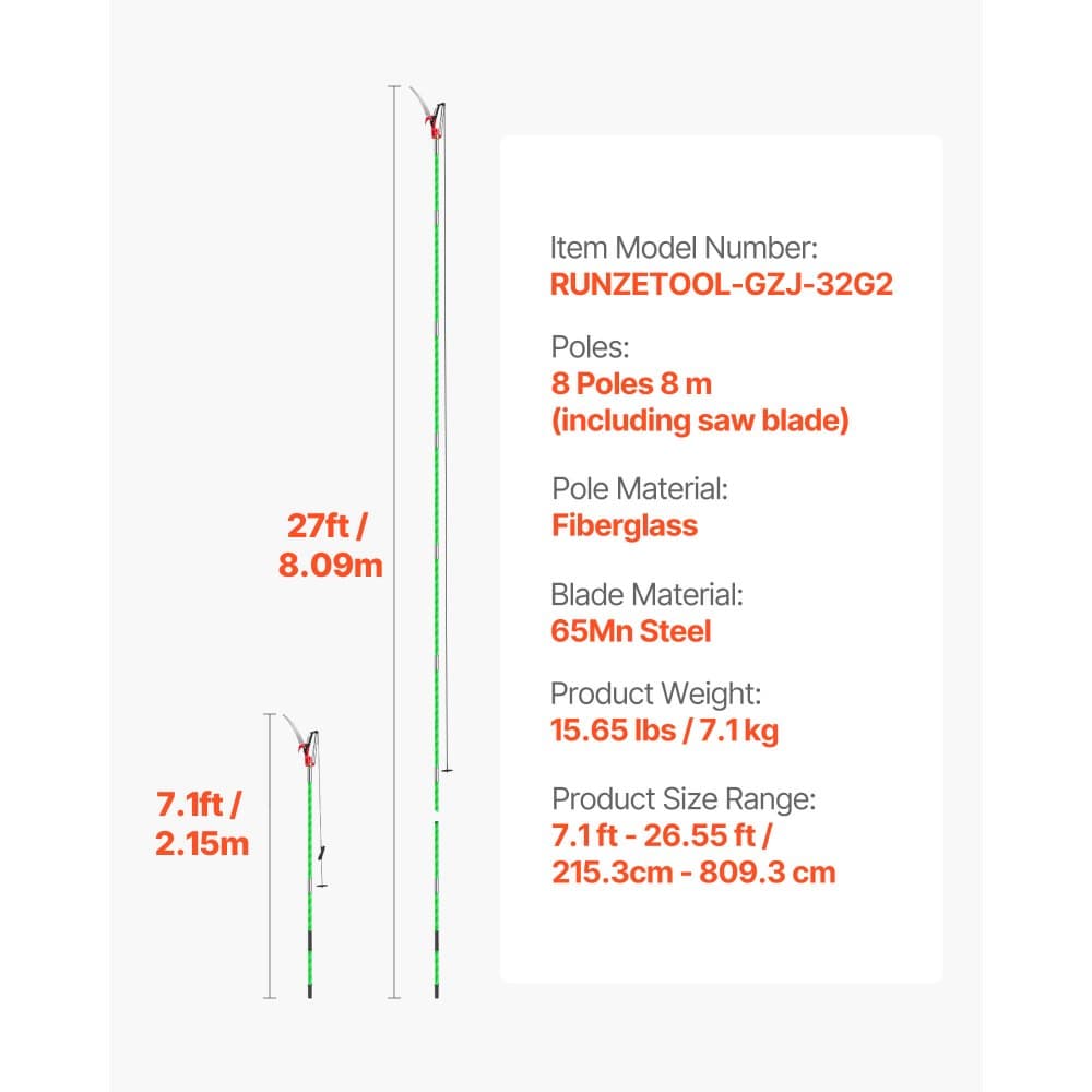 Ręczna piła na tyczce, 118-809,3 cm, rozsuwana sekator do drzew na tyczce z nożyczkami, ostre ostrze ze stali 65Mn, lekki trzonek z włókna szklanego, do przycinania wysoko położonych gałęzi, narzędzie do przycinania palm i krzewów