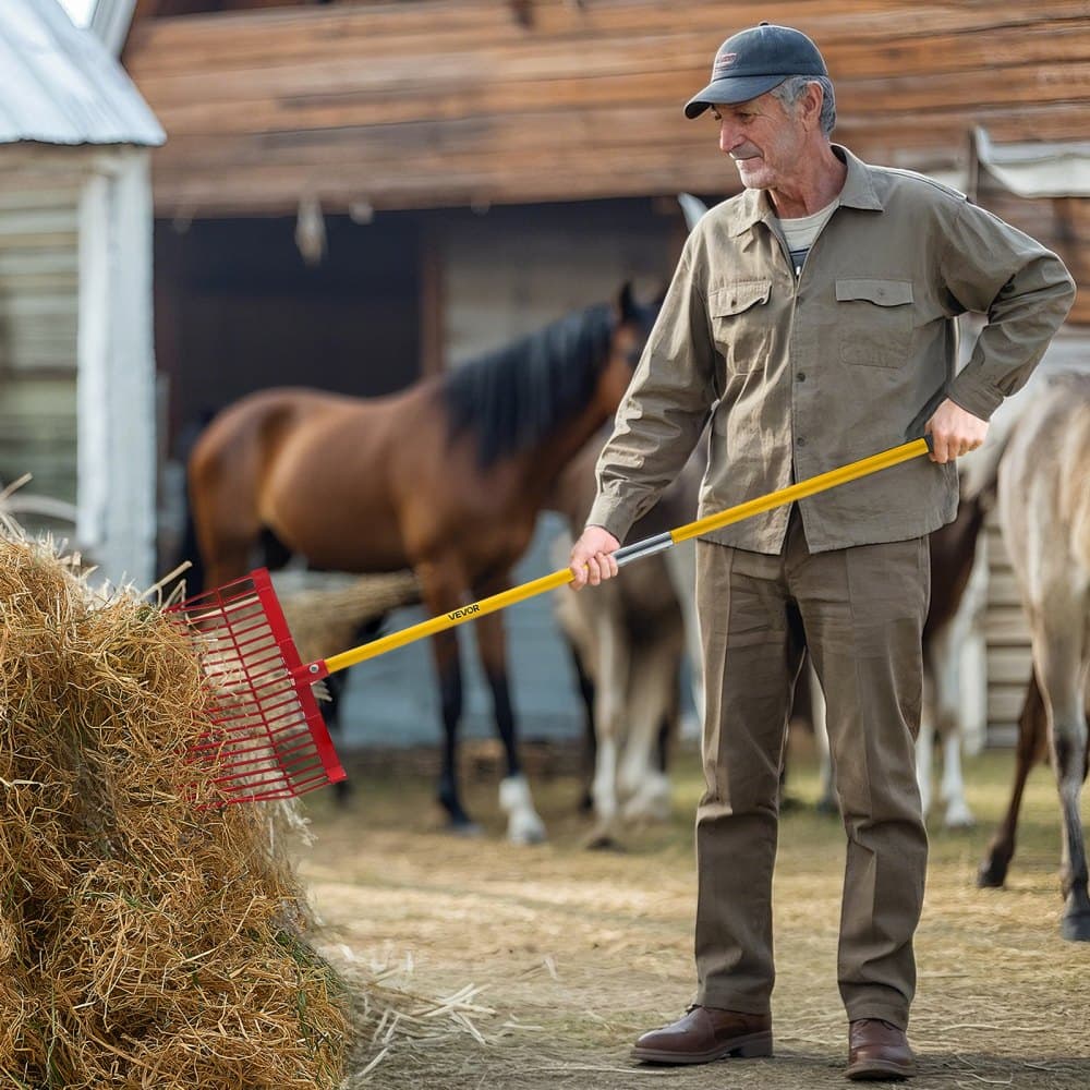 Widły do obornika, 18 zębów pod kątem, grabie do obornika końskiego z długim uchwytem z włókna szklanego, 61 cali, wytrzymałe plastikowe widły do grabienia obornika, narzędzie do ogrodnictwa, stajni, trawnika, czyszczenia siana, prac rolniczych