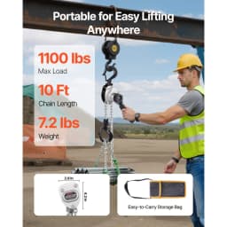 Wciągnik łańcuchowy z dźwignią ręczną, udźwig 1/2 tony, 500 kg, wytrzymały, z możliwością transportu, łańcuch ze stali stopowej 3M Lift G80 z podwójnym hamulcem mechanicznym, haki obrotowe 360°, do garażu i magazynu. - miniatura 6