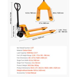 Wózek paletowy ręczny o udźwigu 2,5 t z widłami o wymiarach 122 l x 68,6 szer. cm do transportu materiałów, zakres wysokości podnoszenia 85–180 mm, odpowiedni do magazynów, supermarketów i zakładów produkcyjnych - miniatura 11
