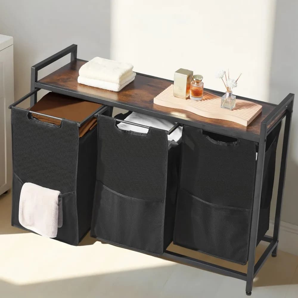 3-sekcyjny sorter do prania, duży kosz na pranie z metalową ramą i drewnianym blatem, wolnostojący organizer do przechowywania z wysuwanymi workami Oxford 600D na brudne ubrania, łazienka
