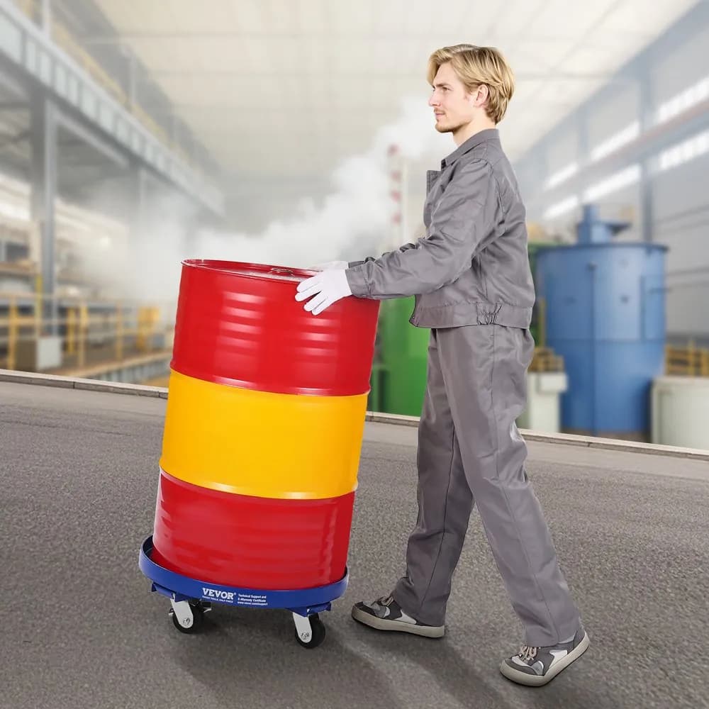 Wózek do beczek o pojemności 55 galonów, udźwig 2000 funtów, wózek do beczek o dużej wytrzymałości z poprzeczkami i 4 obrotowymi kółkami jezdnymi, wózek ręczny o udźwigu nieodwracający do obsługi beczek w magazynie, niebieski