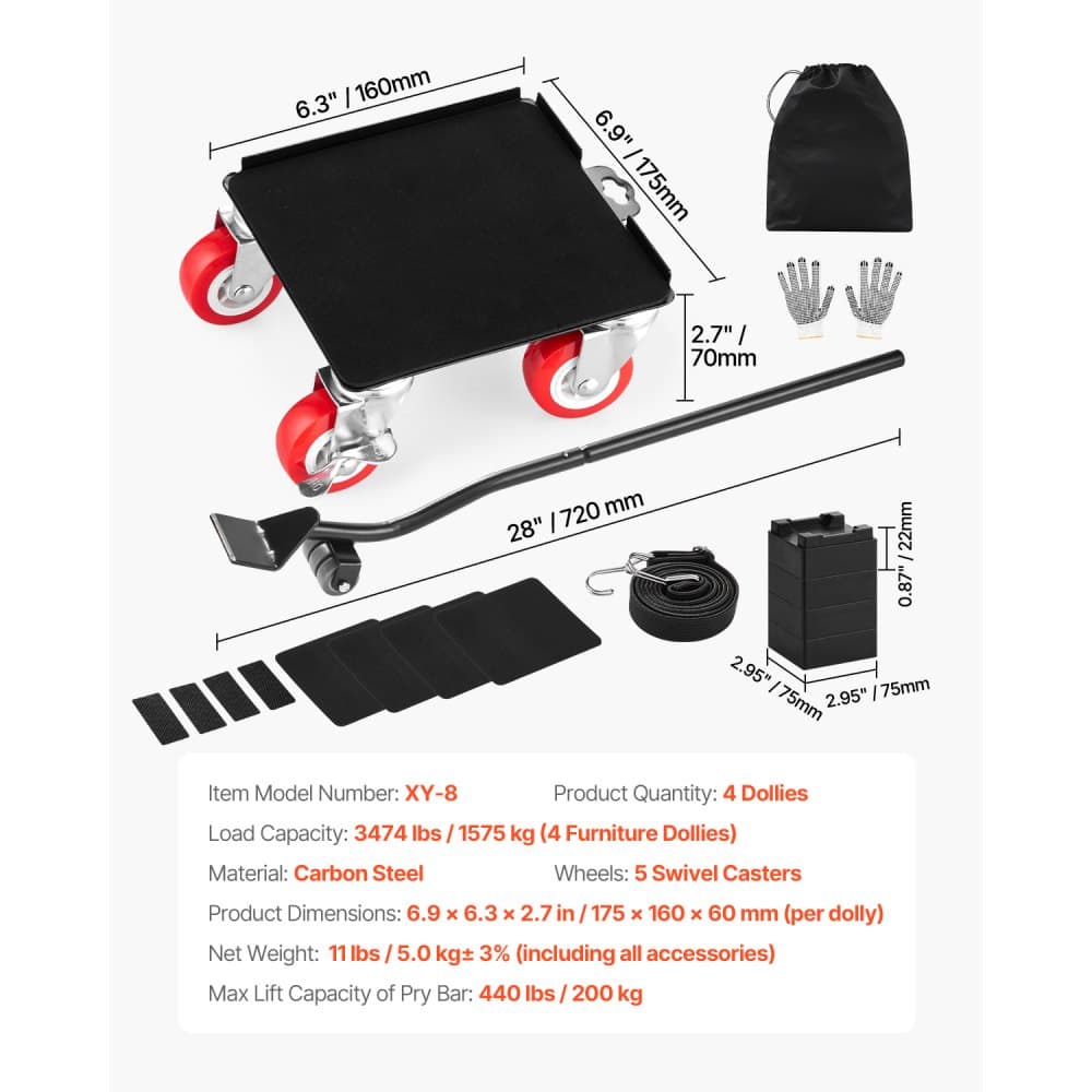 Wózek meblowy, udźwig maksymalny 3474 funtów, wytrzymały wózek meblowy z 5 kołami obrotowymi 360°, panel ze stali węglowej, zestaw narzędzi do podnoszenia mebli, sprzętu AGD, sofy, lodówki, pralki