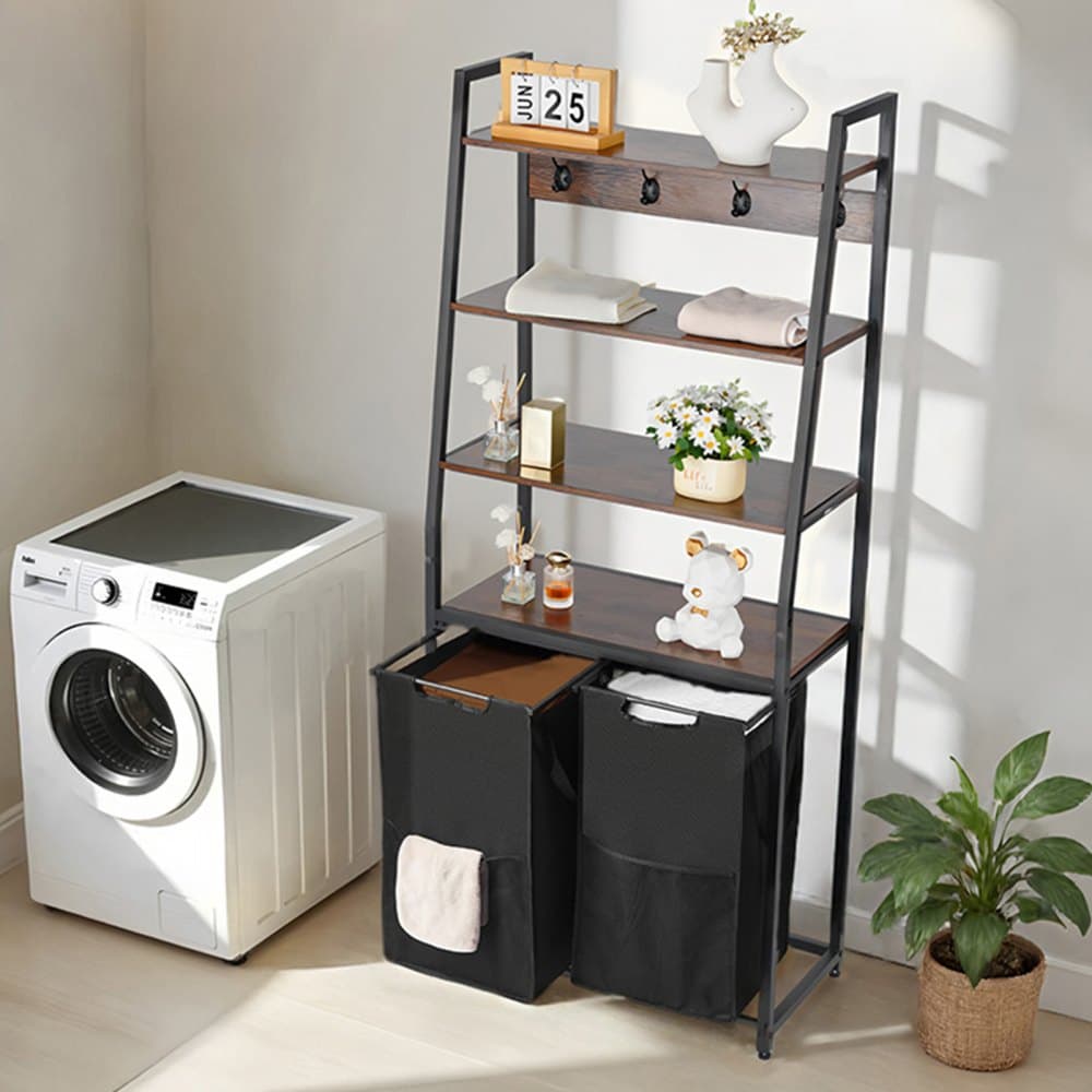 4-poziomowy sorter na pranie, wysoki kosz na pranie z półkami i haczykami, 2-sekcyjny wolnostojący organizer na kosze z workami z tkaniny Oxford 600D i półkami drabinkowymi na brudne ubrania, łazienka