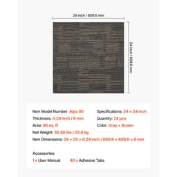 Płytki dywanowe wielokrotnego użytku 610 x 610 mm, 24 szt., modułowy dywan kwadratowy, podłoga komercyjna, miękka wyściółka, bezszwowa powłoka 8,9 m², łatwa wymiana DIY do salonu, sypialni, do wnętrz, szaro-brązowy - miniatura 11