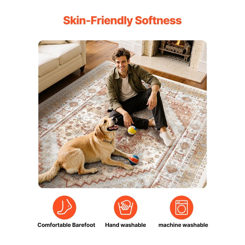 Dywan, 9 x 12 stóp, duży, zmywalny, antypoślizgowy i odporny na rozdarcia, miękki, przyjazny dzieciom i zwierzętom, dywanik vintage, mata do użytku wewnętrznego w sypialni, salonie, pokoju dziecięcym, biurze, brązowo-czerwony