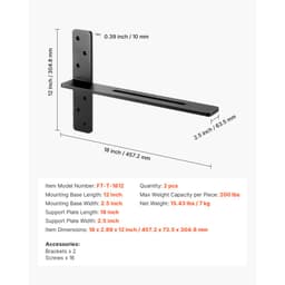 Wsporniki półek w kształcie litery T, 2 szt., udźwig 90 kg/200 funtów, 457,2 x 73,5 x 304,8 mm, solidne stalowe wsporniki do półek, wsporniki blatowe, pływające, ze śrubami - miniatura 11