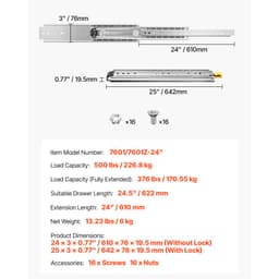 1 para prowadnic szuflad z pełnym wysuwem 16 18 20 24 30 35 37,4 59 24 32 36 40 48 60 cali, udźwig 500 funtów, prowadnice szuflad z blokadą, łożysko kulkowe z blokadą, prowadnica szuflady montowana z boku - miniatura 11