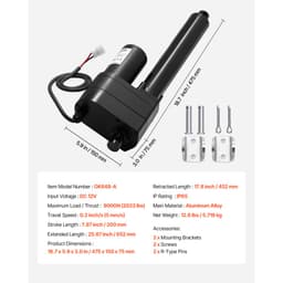Siłownik liniowy 12 V, skok 200 mm, ultrawytrzymały siłownik liniowy 9000 N, stopień ochrony IP65, prędkość 5 mm/s, z uchwytami montażowymi do zbiorników maszyn przemysłowych, systemów podnoszenia ciężarów - miniatura 11