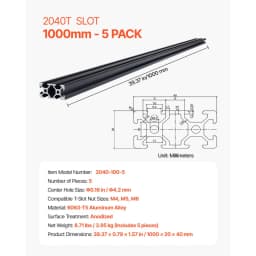 5 szt. profili aluminiowych z rowkiem T 2040 o średnicy 39,4 cala (1000 mm), anodowana szyna liniowa zgodna z normą europejską, wytłaczana szyna aluminiowa o wysokiej wytrzymałości do drukarek 3D, do samodzielnego montażu w maszynie CNC, grawerowanie laserowe, kolor czarny - miniatura 11