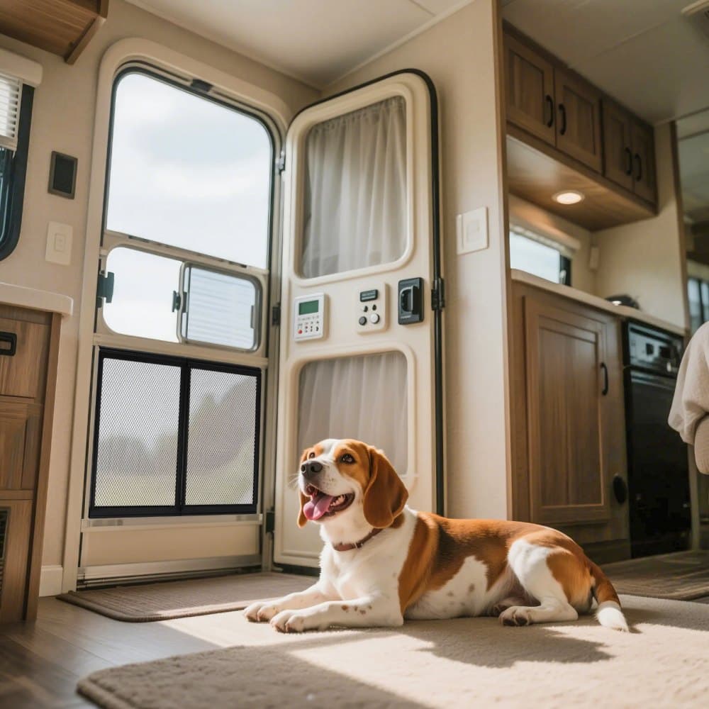 Osłona drzwi do kampera, kratka drzwiowa 571,5 x 508 mm, łatwa w montażu i demontażu, wzmocniona, oddychająca siatka ochronna, aluminiowa osłona wejścia do kampera dla zwierząt, czarna