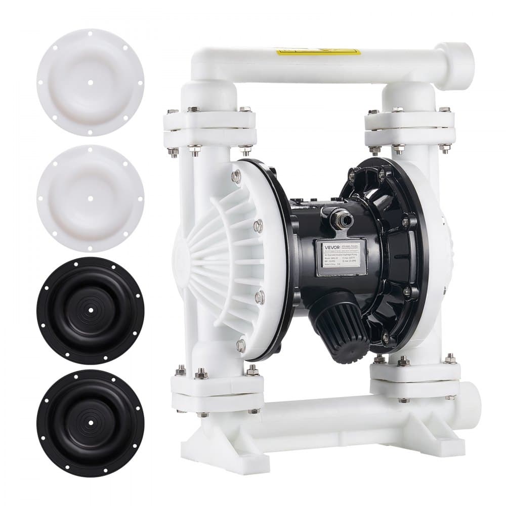 Pompa pneumatyczna z podwójną membraną, maks. 94,64 l/min, standardowy wlot i wylot, pompa pneumatyczna do przesyłu zużytego oleju, korpus z polipropylenu, podwójna membrana, do oleju napędowego, smaru, nafty, benzyny