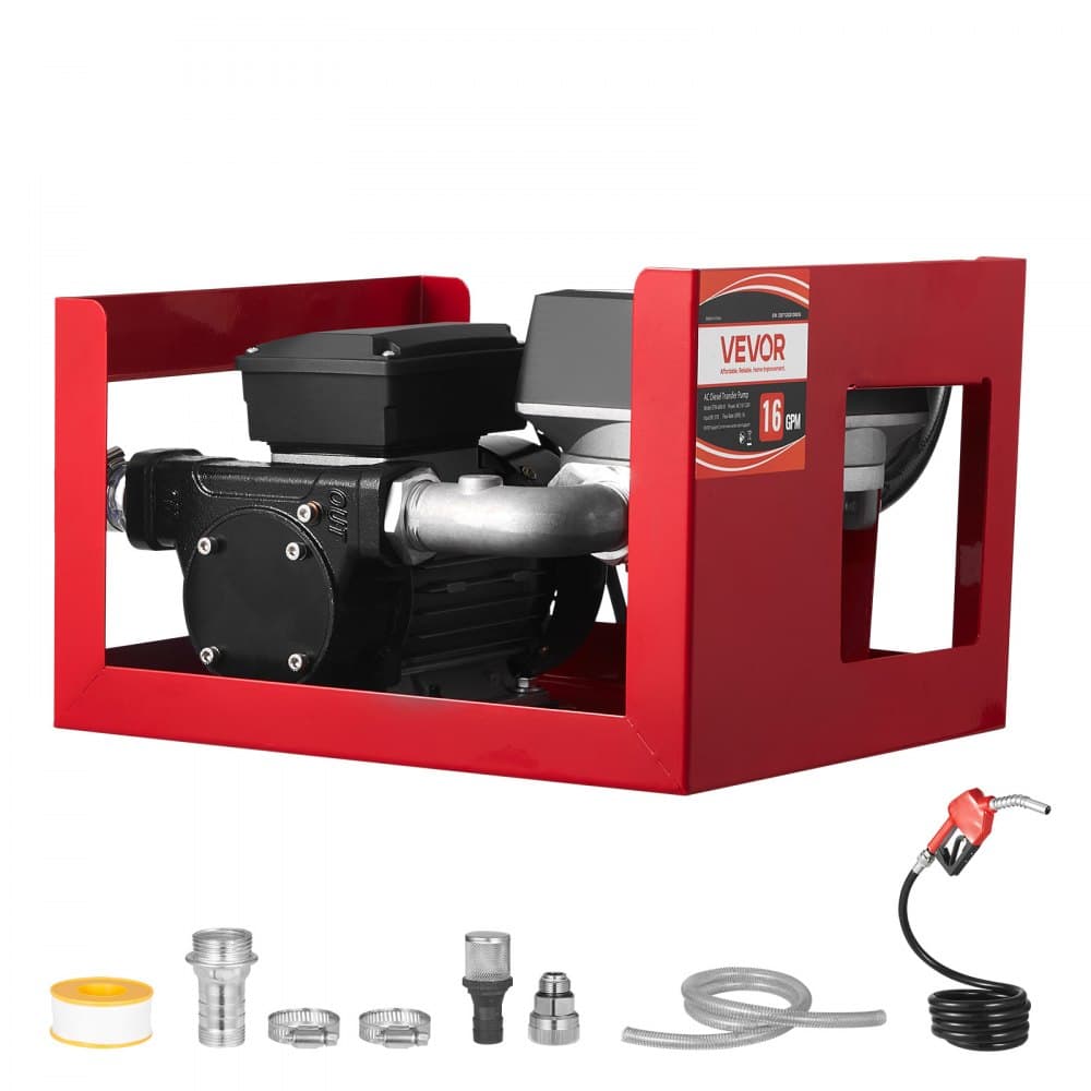 Pompa do transferu paliwa 230 V, 16 GPM 60 l/min, elektryczna pompa do transferu oleju napędowego, nafty i biodiesla, z licznikiem, dyszą do paliwa i 2 wężami, wysokość podnoszenia 45 stóp/13,7 m, do pojazdów i placów budowy