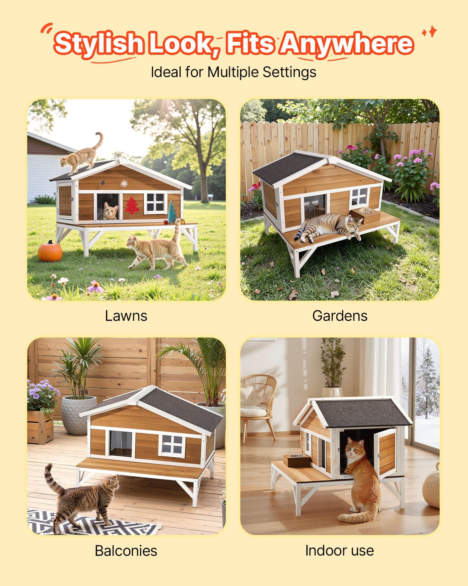 Ocieplana budka dla kota, podwyższona budka dla kota z izolacją piankową, drewniana budka dla kota z dużą platformą, wodoodporna budka dla kotów domowych i wychodzących na zimę, 110 x 85 x 78 cm