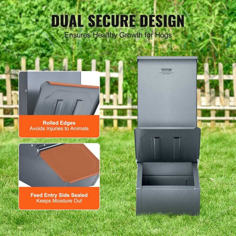 Karmnik dla świń, pojemność 2,2 buszla, karmnik dla świń z pojedynczymi drzwiami, wytrzymały stalowy karmnik dla prosiąt, wielofunkcyjny korytowy karmnik dla zwierząt gospodarskich, zewnętrzny karmnik dla zwierząt gospodarskich do karmienia do 5 świń