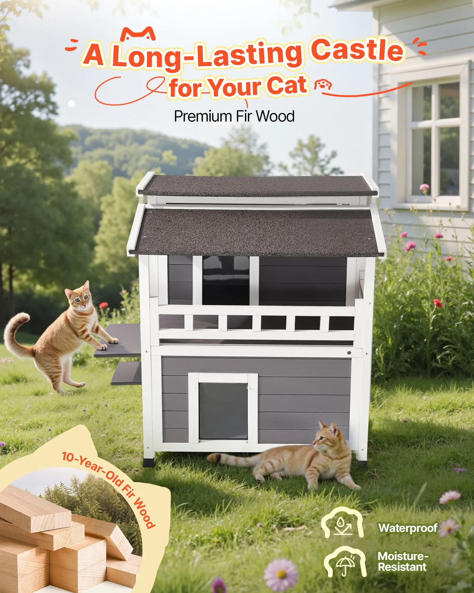 Ocieplana budka dla kota, dwupiętrowa drewniana budka dla kota, izolacja piankowa, budka dla kota dzikiego z balkonem, wodoodporna budka dla kota do użytku wewnątrz i na zewnątrz, 1-3 koty zimą, wymiary 84 × 75 × 82 cm