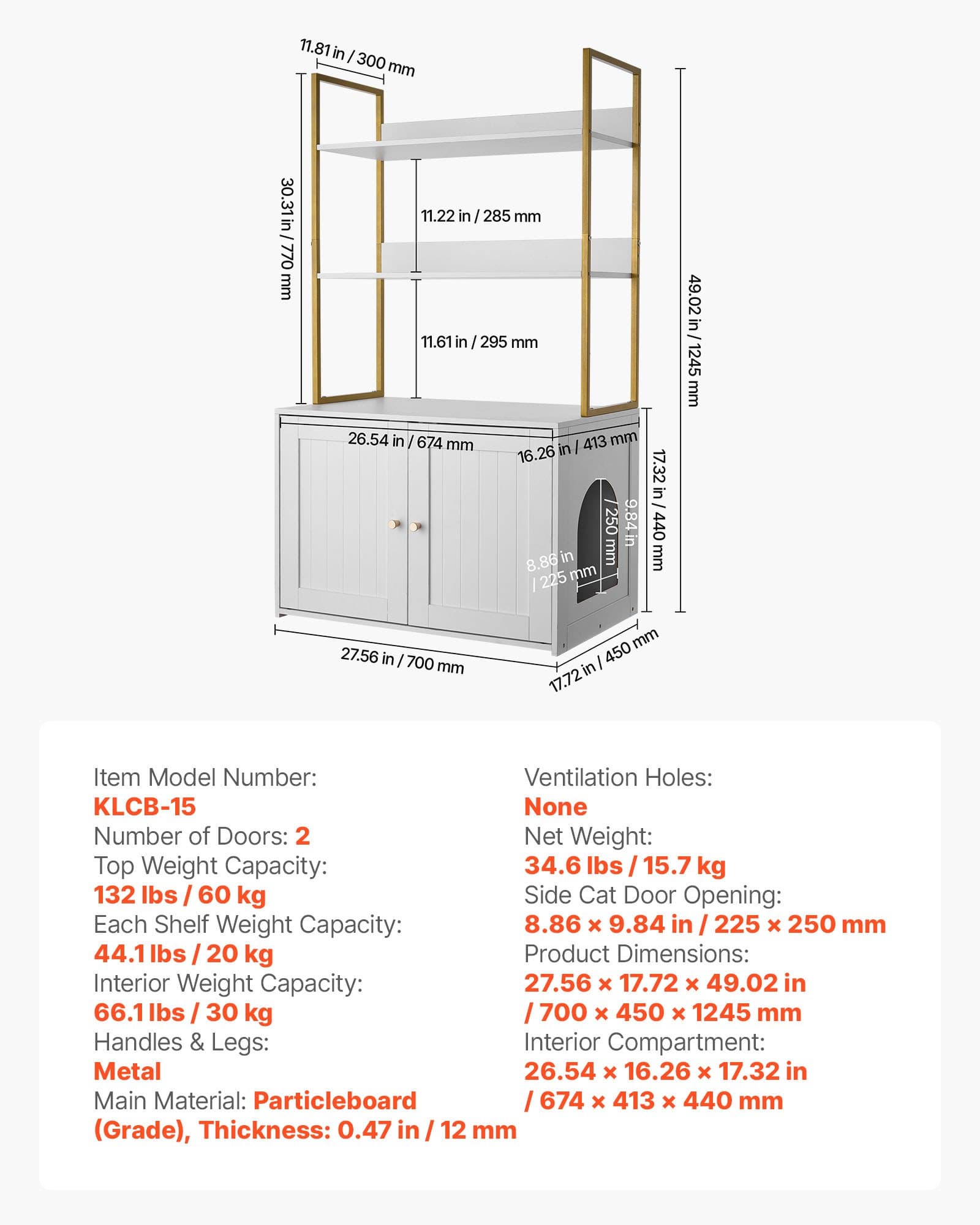 Obudowa kuwety dla kota, szafka 70 cm z metalowymi nogami i 2-poziomowymi półkami, wodoodporna toaleta dla kota, pasuje do większości kuwet, do salonu