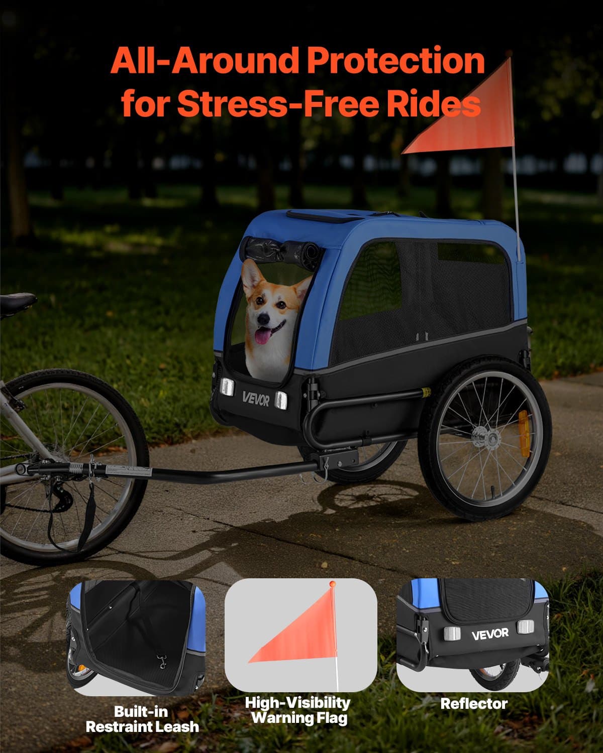 Przyczepka rowerowa dla psa, udźwig do 30 kg, transporter rowerowy dla małych i średnich psów, łatwa w składaniu rama z szybkozłączką, uniwersalne sprzęgło rowerowe, odblask, flaga, wewnętrzna smycz