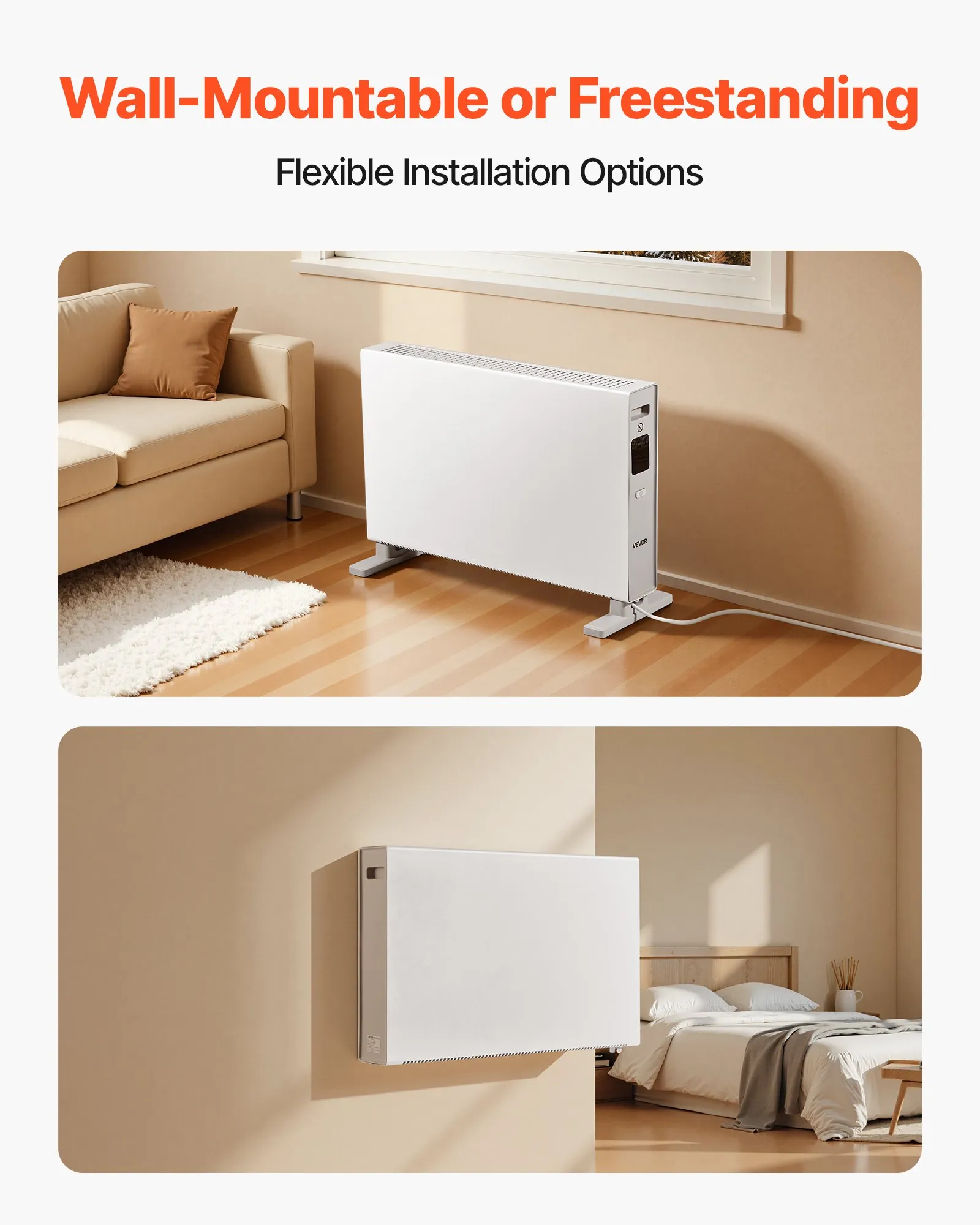 Grzejnik konwekcyjny, elektryczny grzejnik panelowy o mocy 2000 W z pilotem i sterowaniem dotykowym, 3 tryby pracy, 24-godzinny timer, możliwość montażu na stojaku lub ścianie, zabezpieczenie przed przewróceniem i przegrzaniem, do domu i biura
