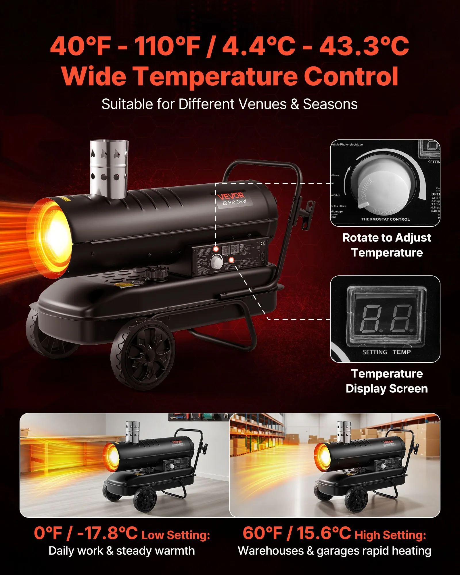 20 kW, nadmuchowy ogrzewacz na naftę i olej napędowy, przenośny ogrzewacz Torpedo z kółkami i regulacją temperatury, z dmuchawą do użytku na placu budowy/w garażu/magazynie/warsztacie/na zewnątrz, czarny