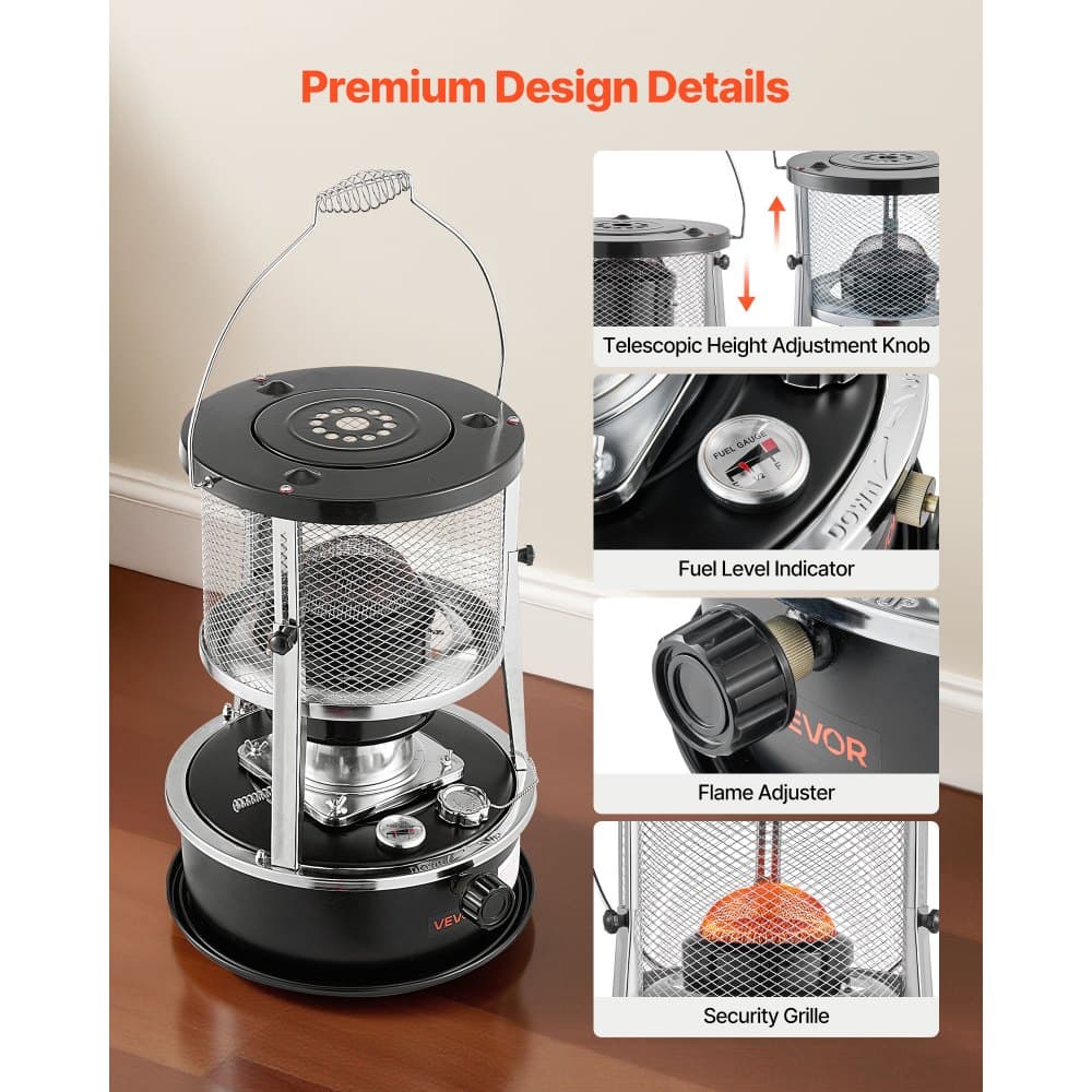 Przenośny grzejnik na naftę i piecyk o mocy 9000 BTU, 2 w 1, do użytku wewnątrz i na zewnątrz, bez prądu, z regulowaną wysokością i płomieniem oraz łatwym przechowywaniem, do biwakowania, polowania, gotowania, domu, garażu, czarny