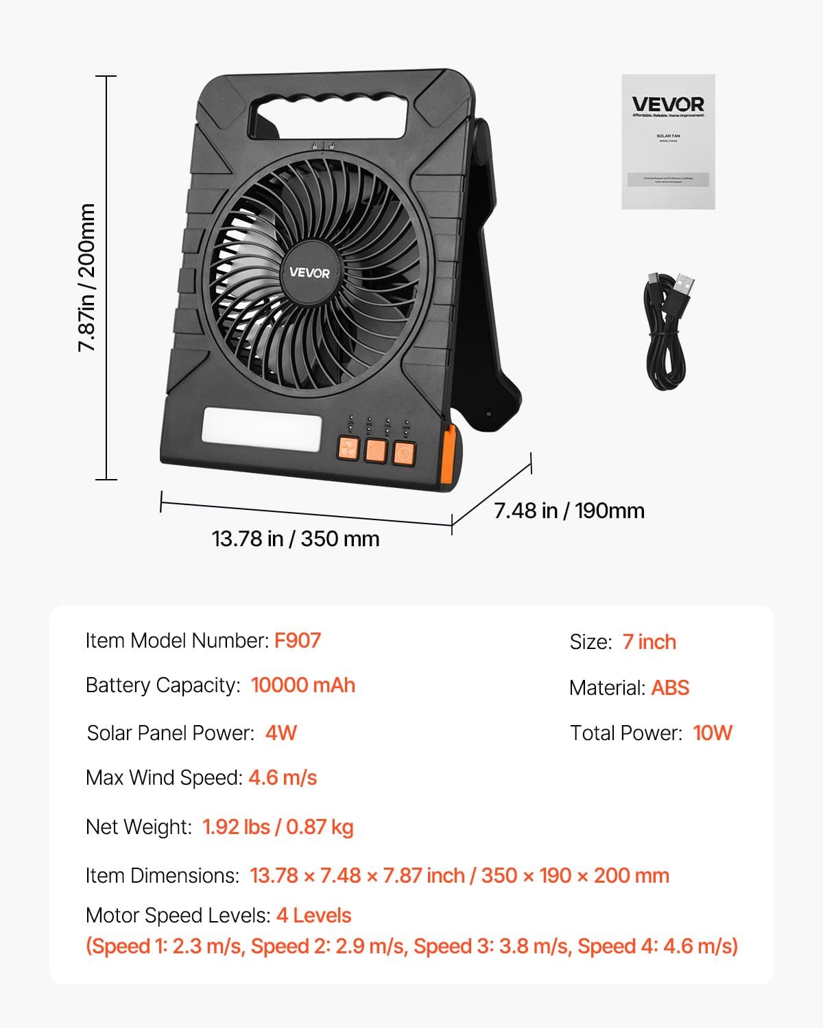10000 mAh akumulatorowy wentylator solarny z latarką LED, 18 cm przenośny wentylator bezprzewodowy ze składanym panelem słonecznym 4 W, 4 prędkości i timer, cichy, zasilany akumulatorem USB, do użytku na kempingu, w namiocie, w biurze, na placu budowy