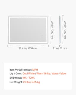 Lustro łazienkowe LED, 70 x 100 cm, lustro łazienkowe LED z podświetleniem z przodu i z tyłu, lustro z pamięcią kształtu i funkcją przeciwmgielną, z oświetleniem, płynnie ściemniane w 3 kolorach, do montażu na ścianie - miniatura 13