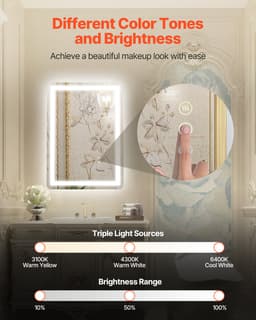 Lustro łazienkowe LED, 50 x 70 cm, lustro łazienkowe LED z podświetleniem z przodu i z tyłu, lustro z pamięcią kształtu i funkcją przeciwmgielną, z oświetleniem, płynnie ściemniane w 3 kolorach, do montażu na ścianie - miniatura 3