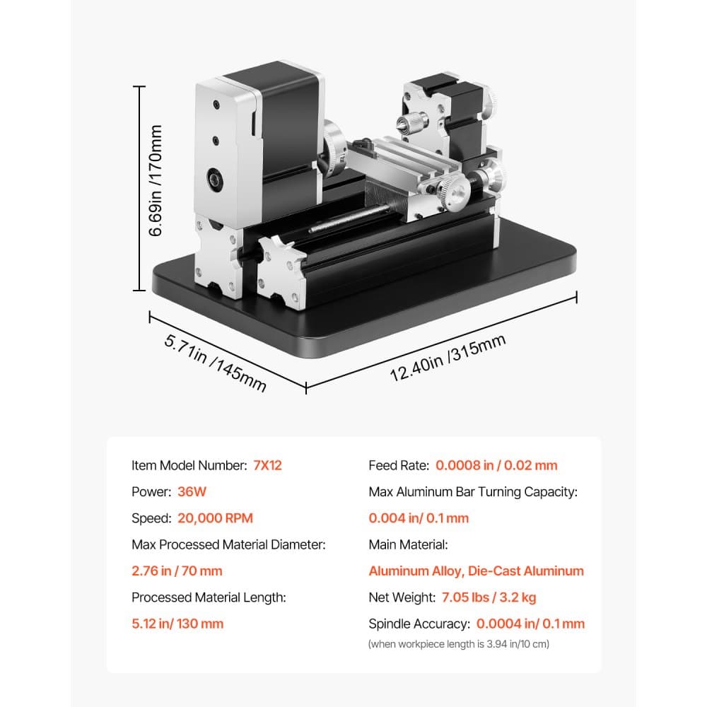 Dydaktyczna mini tokarka do metalu, 70 x 130 mm (2,76 x 5,12 cala), tokarka do metalu o mocy 36 W, prędkość 20 000 obr./min, z uchwytem 3-szczękowym, kółkiem ręcznym ze stopu aluminium, do obróbki precyzyjnych części: metali miękkich, drewna, tworzyw sztucznych