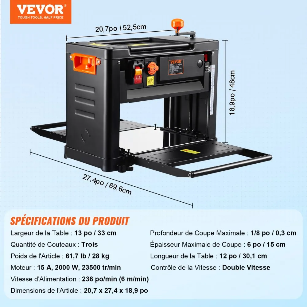 Strugarka grubościowa, dwie prędkości, stół roboczy o szerokości 33 cm, trzyostrzowa, 15-amperowy, mocny silnik 2000 W, przedłużony stół podający o długości 30,5 cm, niski poziom hałasu do usuwania zarówno twardego, jak i miękkiego drewna