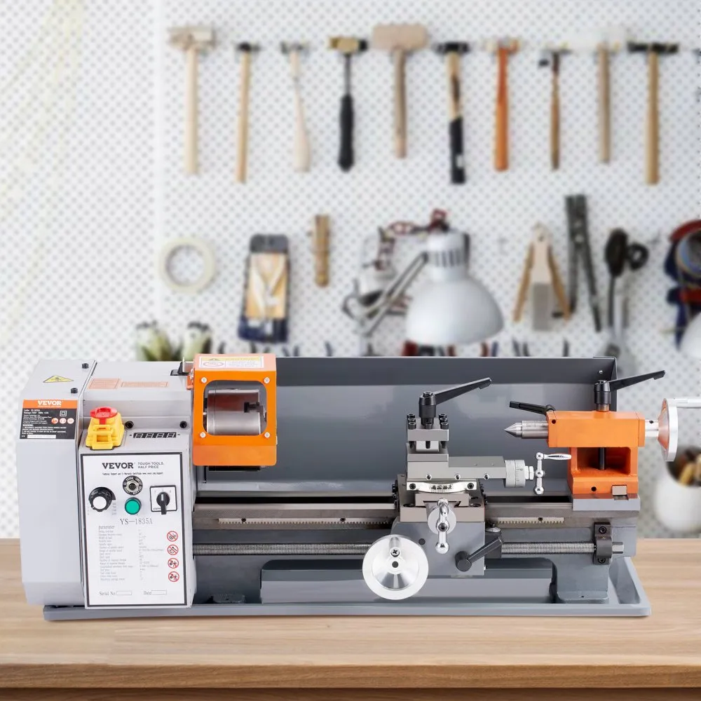 Tokarka do metalu, 7'' x 13,78'', precyzyjna stołowa tokarka do metalu, płynna regulacja prędkości 0-2200 obr./min, silnik szczotkowy 500 W, metalowe przekładnie, ze skrzynką narzędziową do obróbki precyzyjnych części