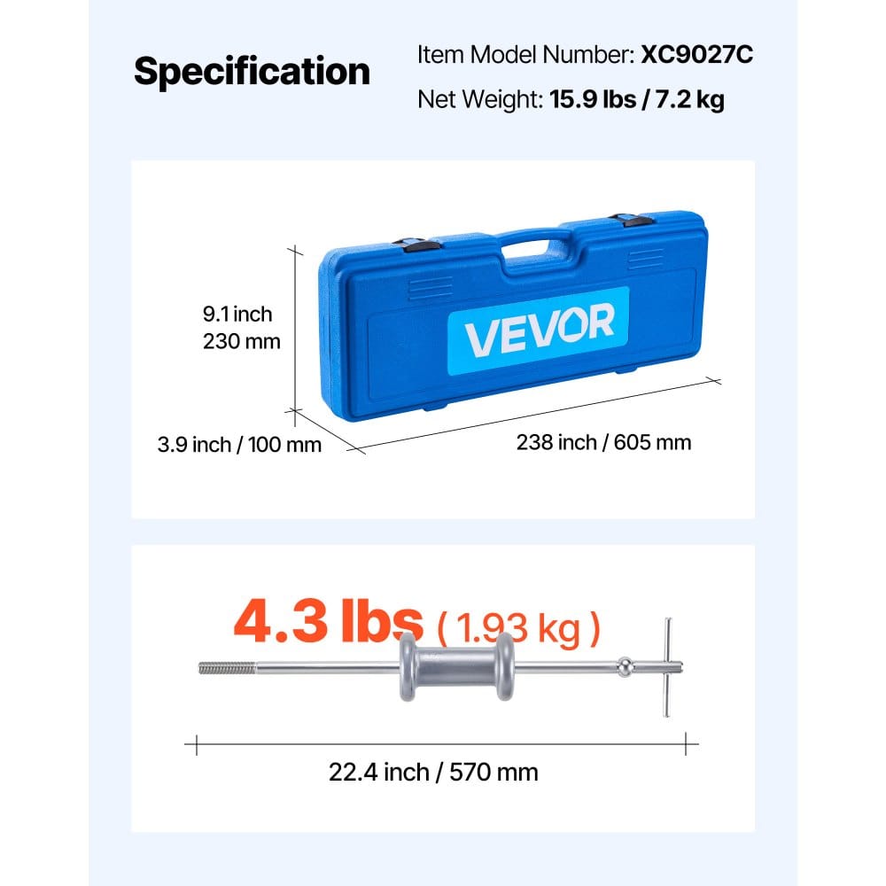 Zestaw ściągaczy z 9-kierunkowym młotkiem ślizgowym, 15-elementowy zestaw narzędzi do zdejmowania łożysk piasty koła przedniego i usuwania wgnieceń z wału piasty osi tylnego koła, zestaw narzędzi do zdejmowania łożysk osi i zestaw narzędzi do zdejmowania młotka ślizgowego z pudełkiem transportowym